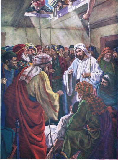 El hombre con los cuatro amigos, de The Bible Picture Book publicado por Thomas Nelson, c.1950 de English School